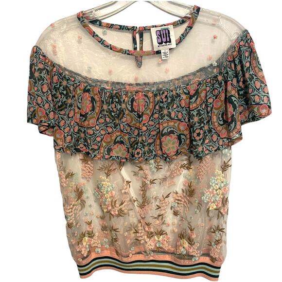 SUI by Anna Sui Sheer Embroidered Flounce Top Womens Small Floral Prairie Blouse - Picture 1 of 6